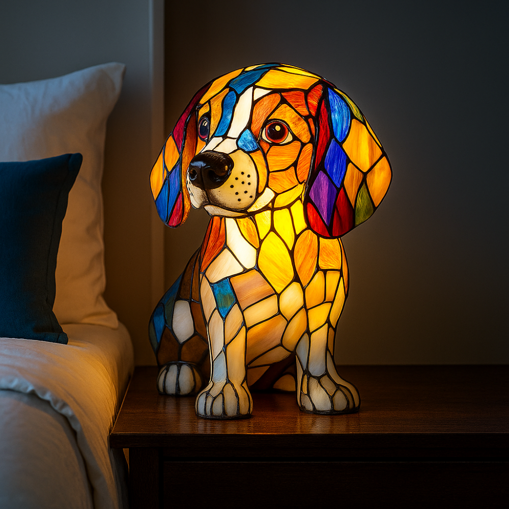 Stained Glass Dog Lamp  Color Changing LED Night Light - Product showcase