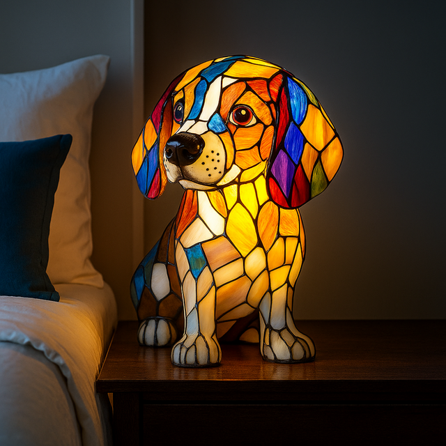 Stained Glass Dog Lamp  Color Changing LED Night Light - Product showcase