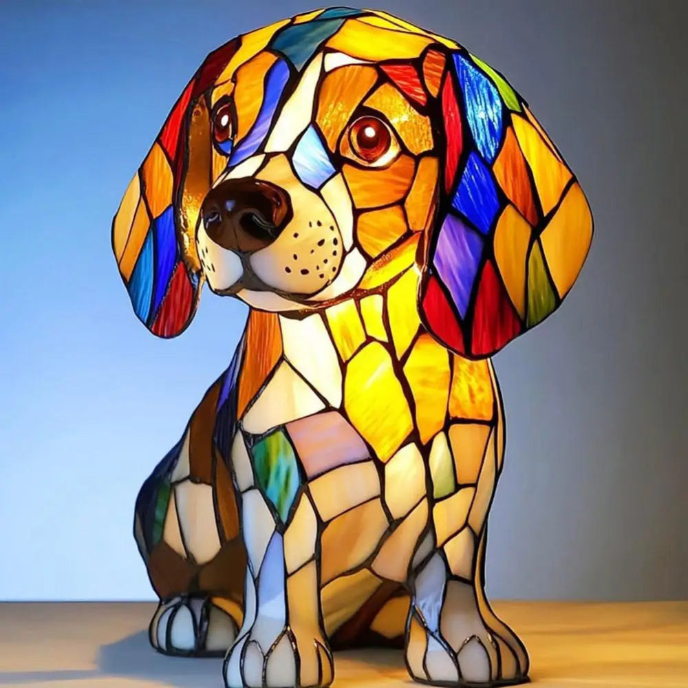 Stained Glass Dog Lamp  Color Changing LED Night Light - Detailed view