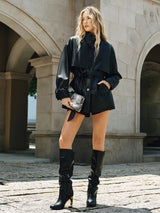 Stand Collar Leather Jacket  Belted PU Quilted Design - Detailed view