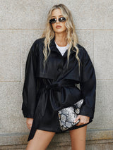 Stand Collar Leather Jacket  Belted PU Quilted Design - Product detail 5