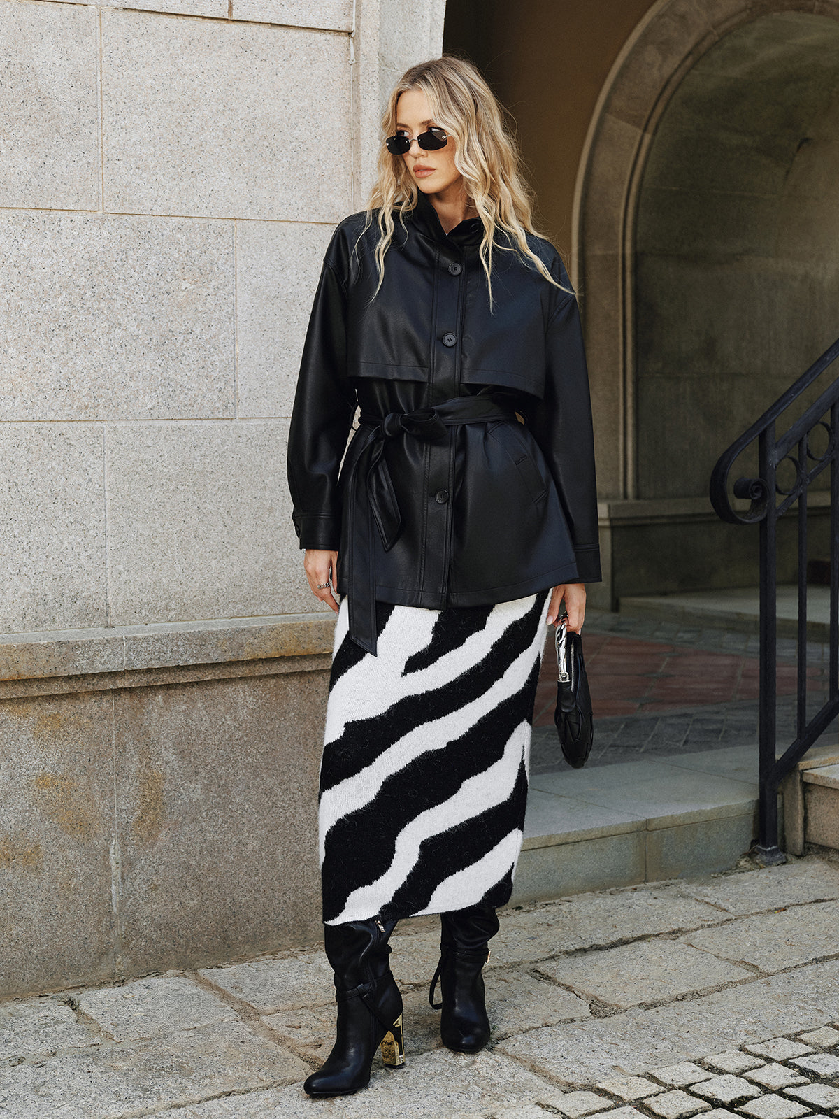 Stand Collar Leather Jacket  Belted PU Quilted Design - Product detail 7