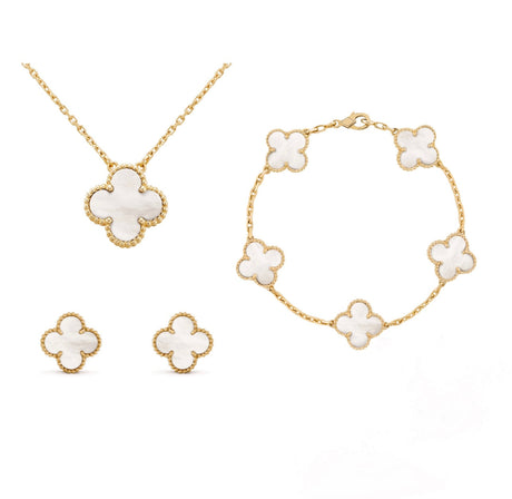 Four Leaf Clover Jewelry Set  Mother of Pearl Gold Plated Collection - Product showcase