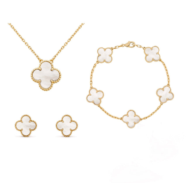 Four Leaf Clover Jewelry Set  Mother of Pearl Gold Plated Collection - Product showcase
