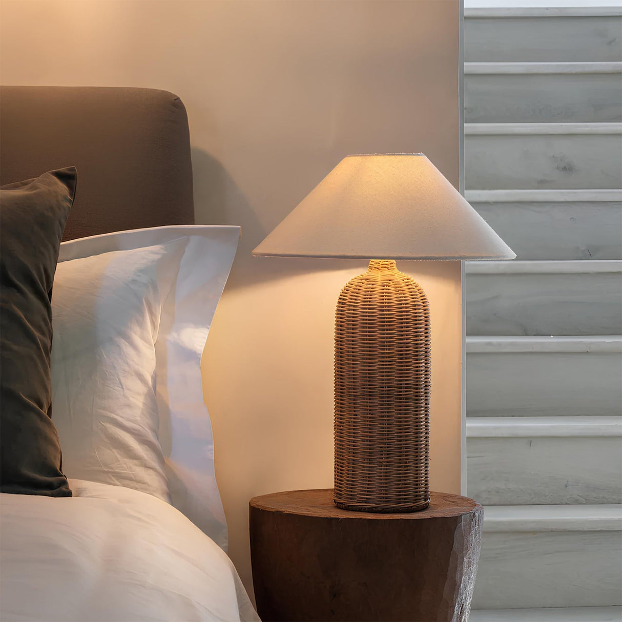 Rattan Table Lamp  Natural Woven Base With Linen Shade - Product example