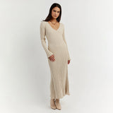 Ribbed Knit Maxi Dress  V-Neck Long Sleeve Design - Detailed view