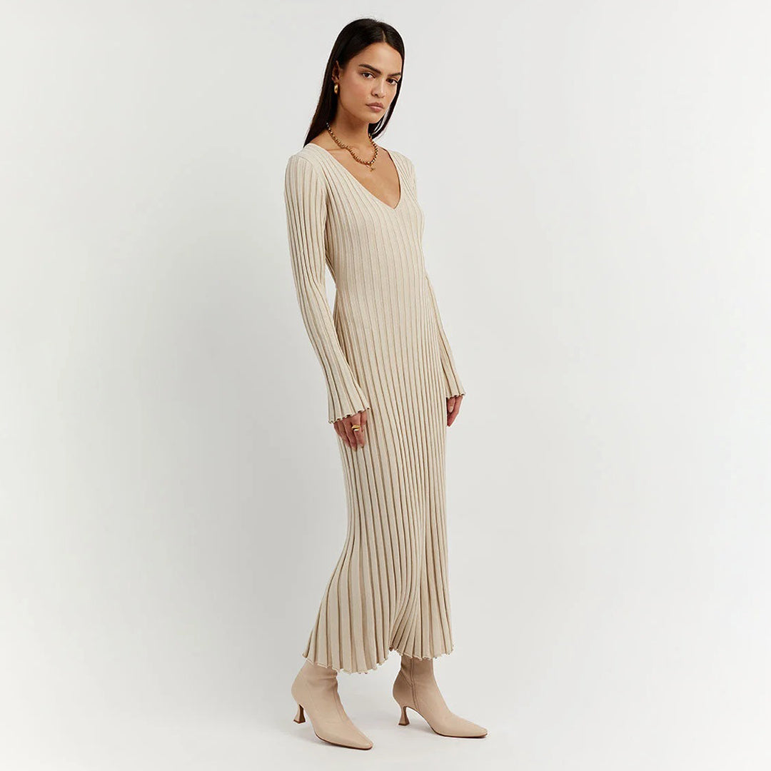 Ribbed Knit Maxi Dress  V-Neck Long Sleeve Design - Product example