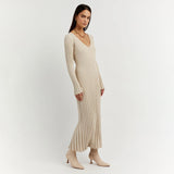 Ribbed Knit Maxi Dress  V-Neck Long Sleeve Design - Product example