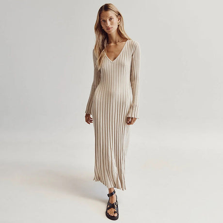 Ribbed Knit Maxi Dress  V-Neck Long Sleeve Design - Product showcase