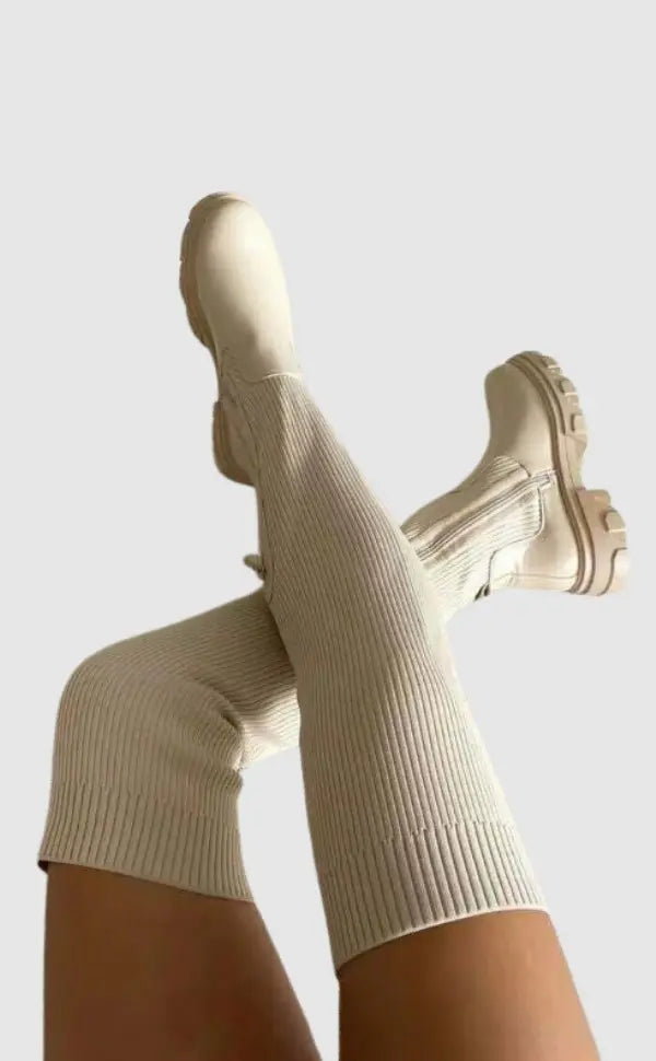Ribbed Knit Boots  Stretchy Knee High Design - Product showcase