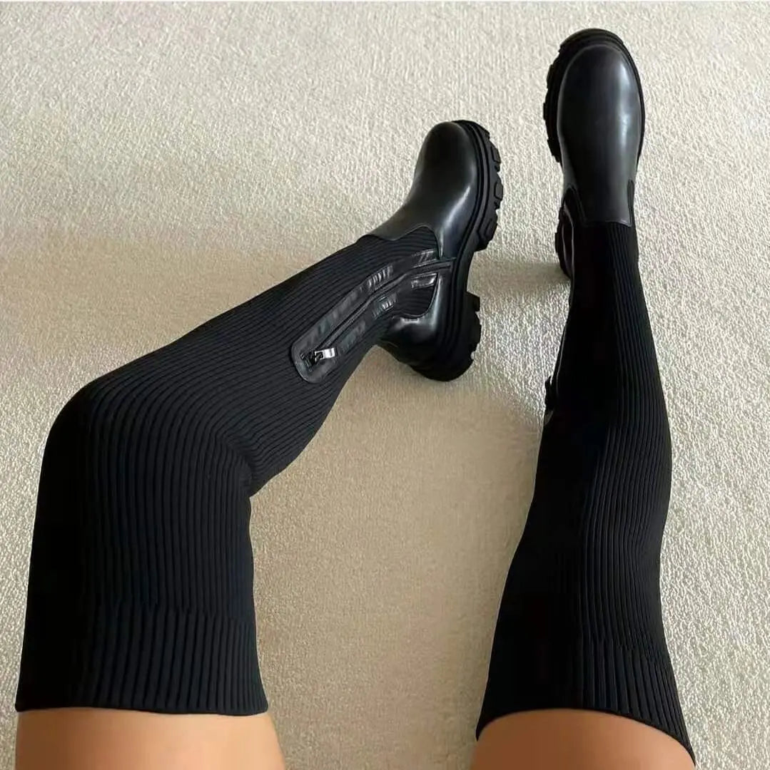 Ribbed Knit Boots  Stretchy Knee High Design - Product example
