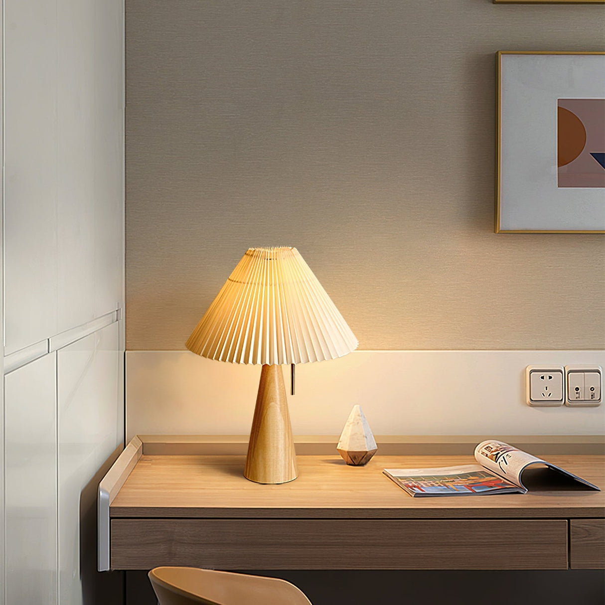 Wooden Table Lamp  Pleated Linen Shade Mid-Century Design - Product detail 8