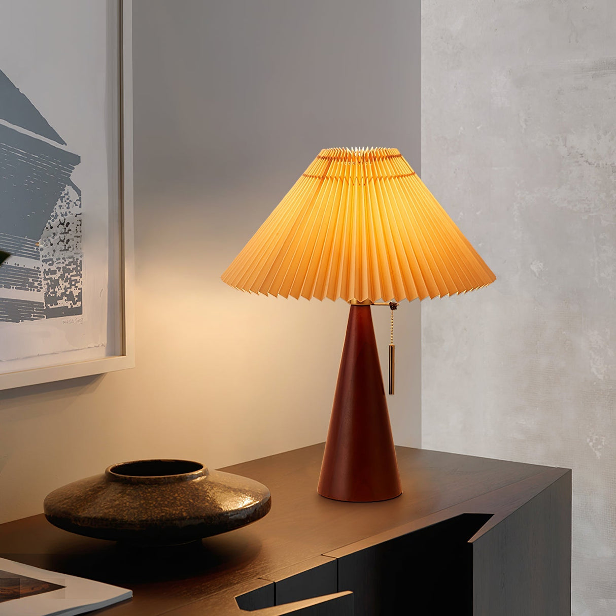 Wooden Table Lamp  Pleated Linen Shade Mid-Century Design - Product example