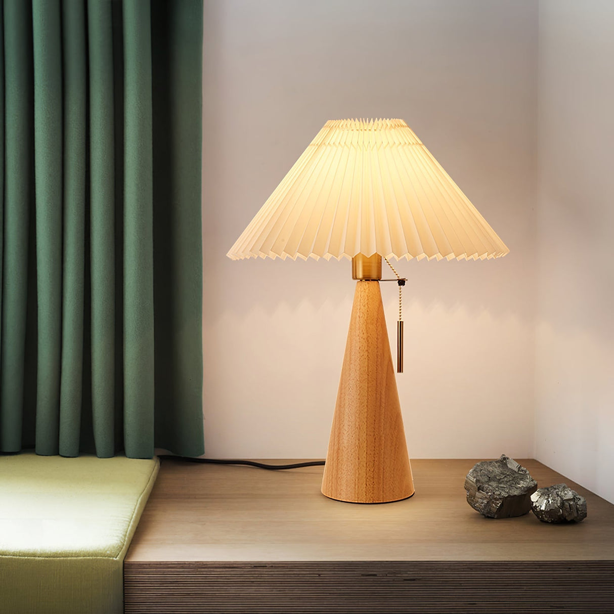 Wooden Table Lamp  Pleated Linen Shade Mid-Century Design - Product detail 4