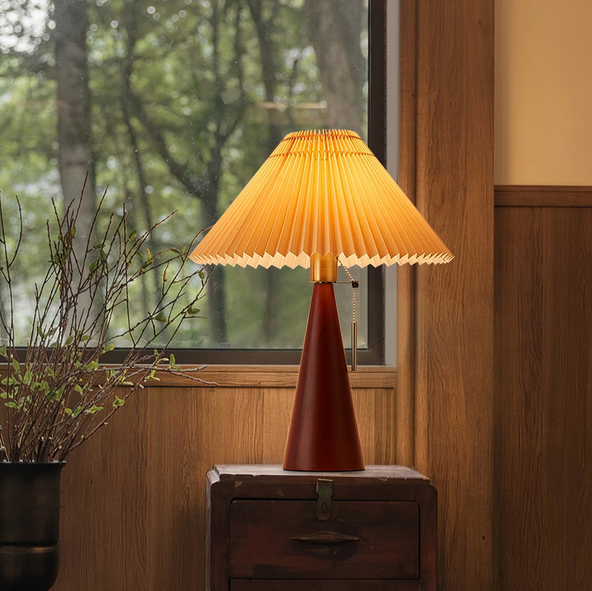 Wooden Table Lamp  Pleated Linen Shade Mid-Century Design - Detailed view