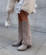 Suede Knee High Boots  Classic Beige Block Heel Design - Detailed view