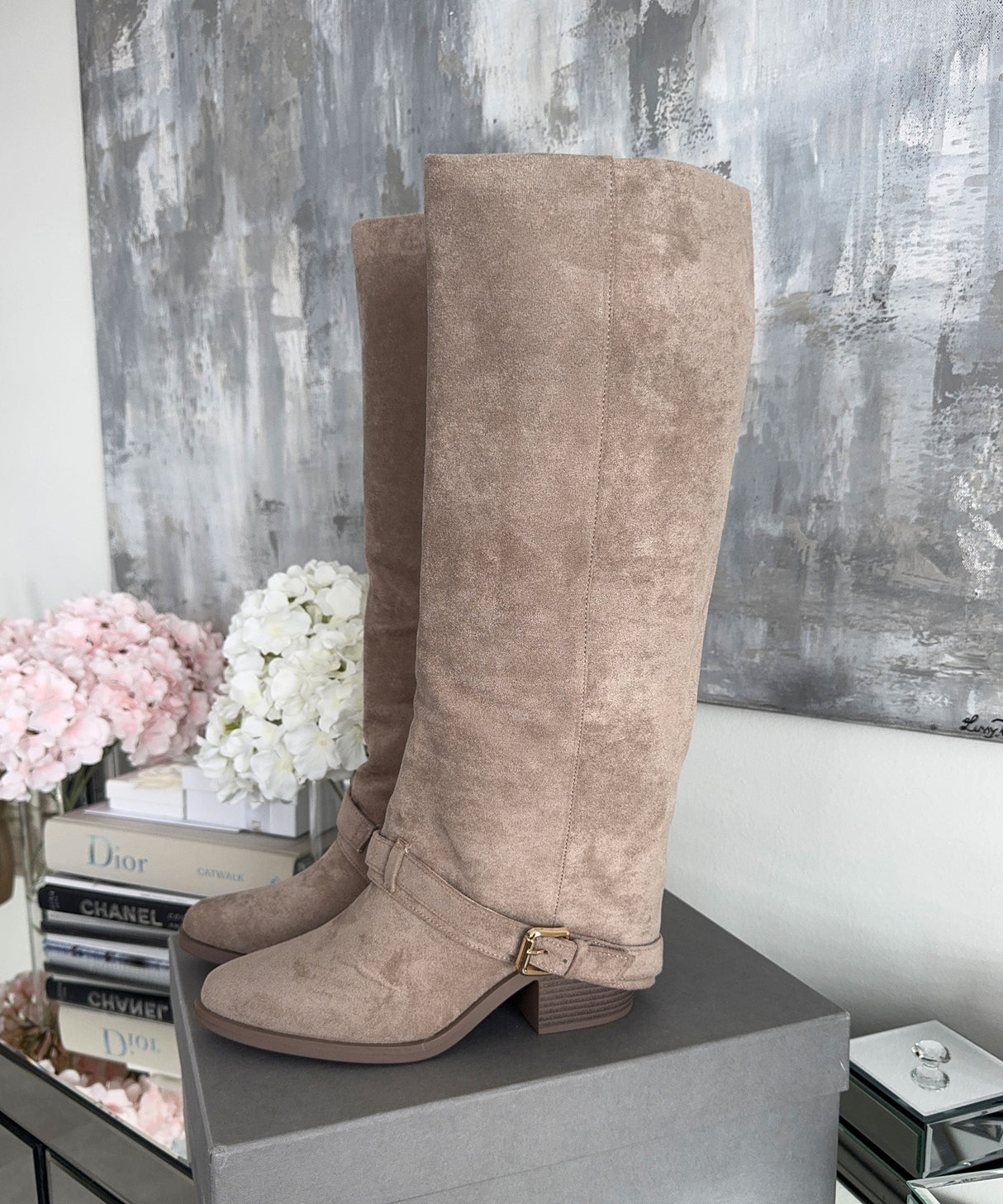 Suede Knee High Boots  Classic Beige Block Heel Design - Product example