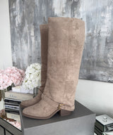 Suede Knee High Boots  Classic Beige Block Heel Design - Product example