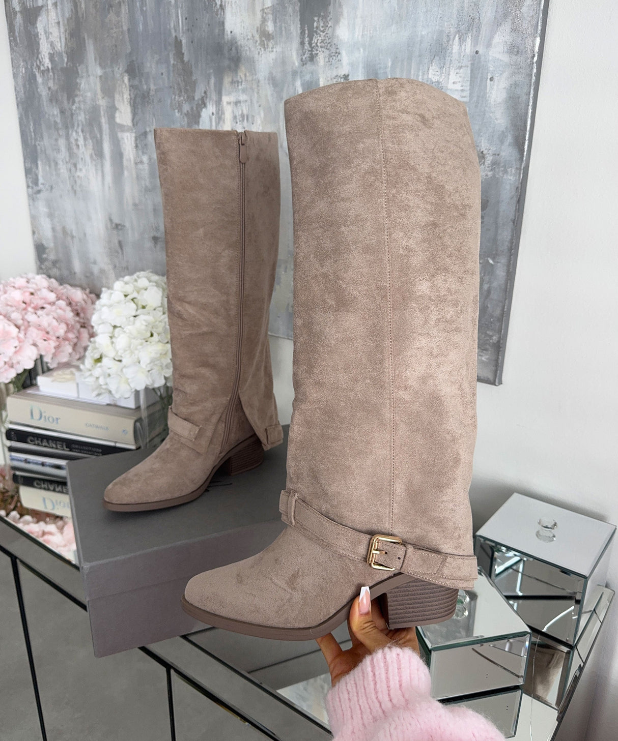 Suede Knee High Boots  Classic Beige Block Heel Design - Product detail 5