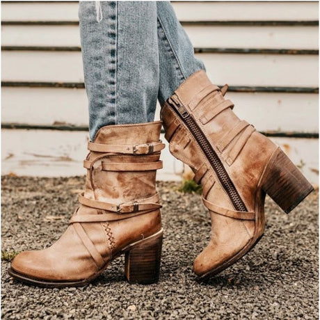 Vintage Leather Ankle Boots  Strappy Buckle Design With Block Heel - Product showcase