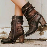 Vintage Leather Ankle Boots  Strappy Buckle Design With Block Heel - Detailed view