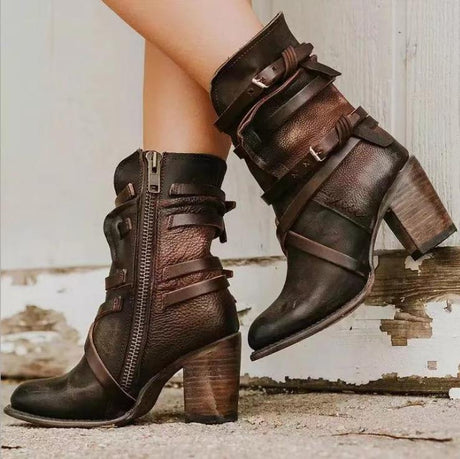 Vintage Leather Ankle Boots  Strappy Buckle Design With Block Heel - Detailed view