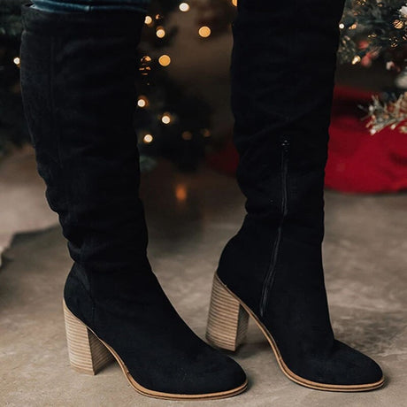 Suede Knee High Boots  Stacked Block Heel Design - Product showcase