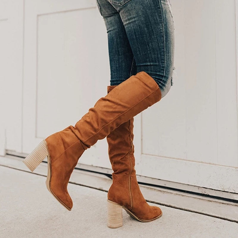 Suede Knee High Boots  Stacked Block Heel Design - Detailed view