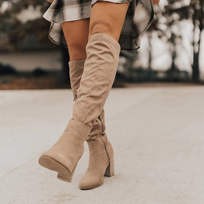 Suede Knee High Boots  Stacked Block Heel Design - Product example