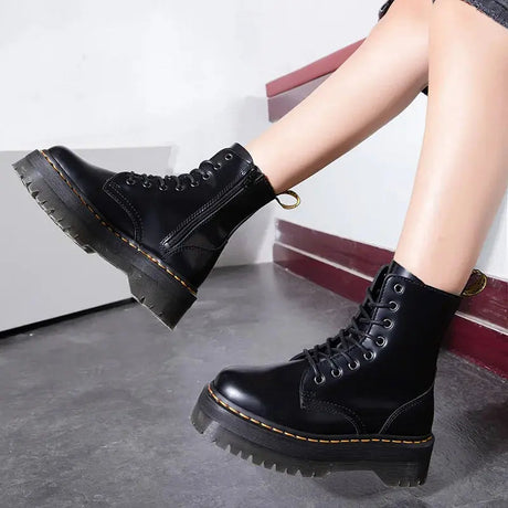 Platform Combat Boots  Black Leather Chunky Sole - Product detail 5