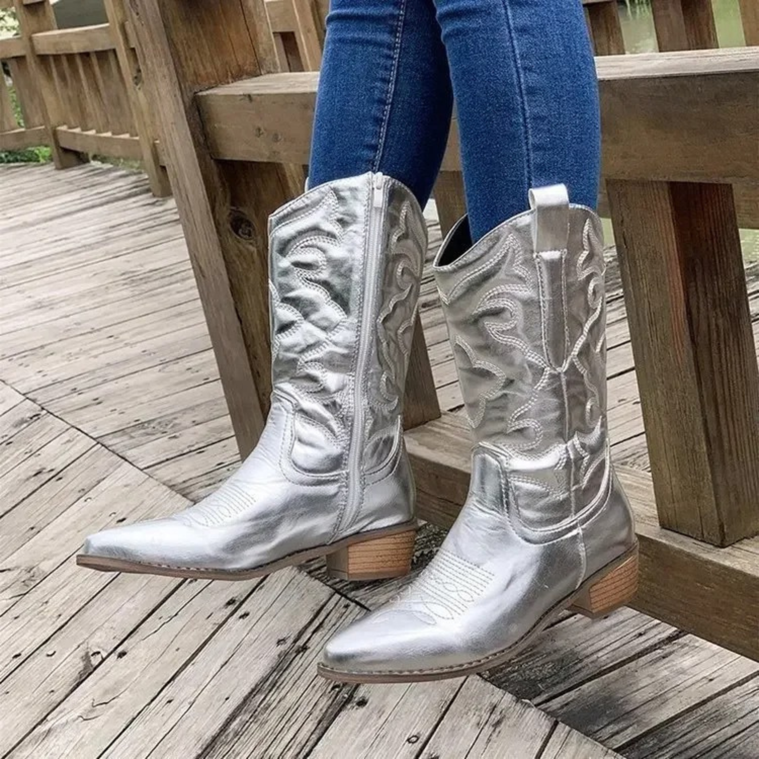 Western Metallic Boots  Silver Leather Pointed Cowgirl Design - Product showcase