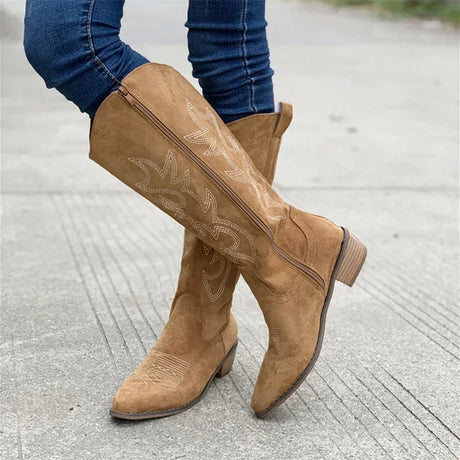 Western Suede Cowboy Boots  Embroidered Knee-High Design - Product showcase
