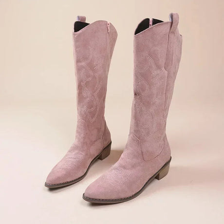 Western Suede Boots  Embroidered Rose Pink Design - Product showcase