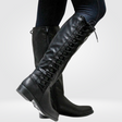 Lace Up Knee High Boots  Classic Black Leather Combat Design - Product showcase