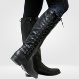 Lace Up Knee High Boots  Classic Black Leather Combat Design - Product showcase
