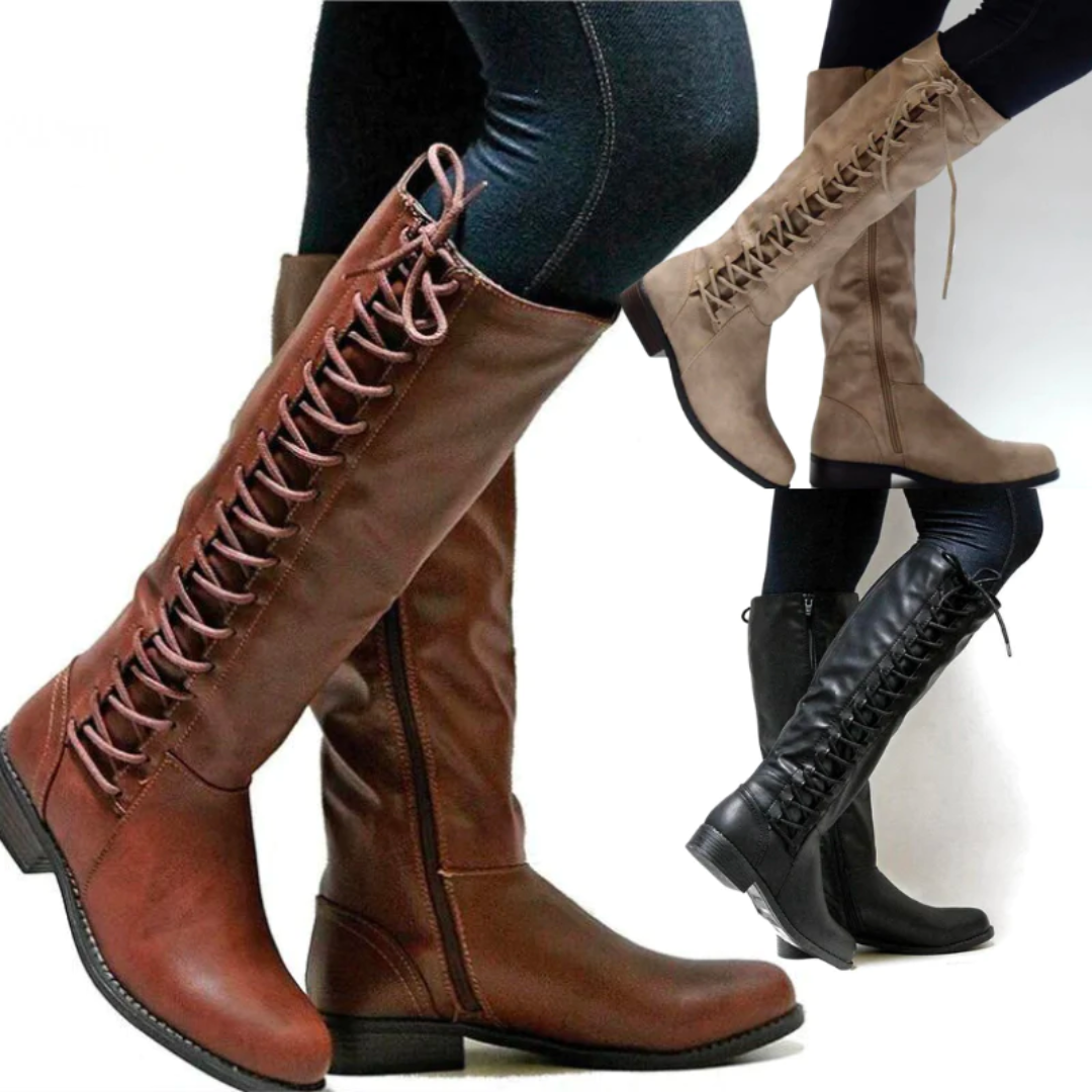 Lace Up Knee High Boots  Classic Black Leather Combat Design - Detailed view