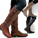 Lace Up Knee High Boots  Classic Black Leather Combat Design - Detailed view