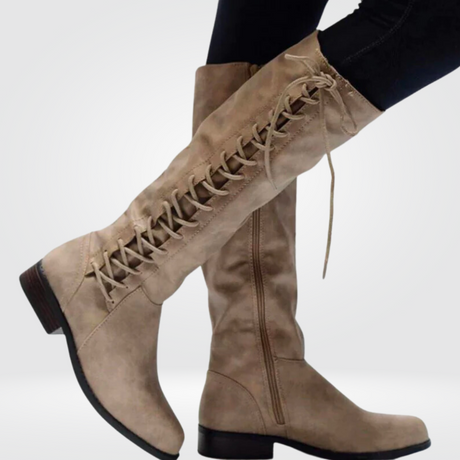 Lace Up Knee High Boots  Classic Black Leather Combat Design - Product example
