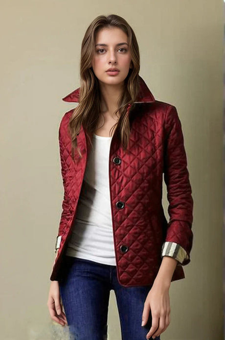 Quilted Button Up Jacket  Diamond Pattern Burgundy Design - Product showcase
