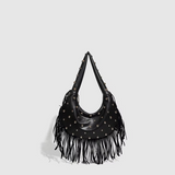 Studded Fringe Hobo Bag  Black Leather Statement Design - Product showcase