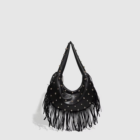 Studded Fringe Hobo Bag  Black Leather Statement Design - Product showcase