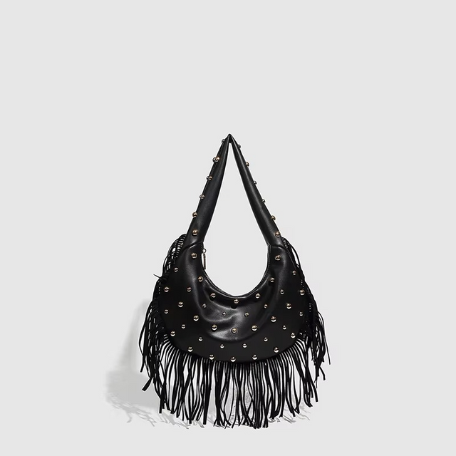Studded Fringe Hobo Bag  Black Leather Statement Design - Product showcase