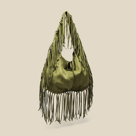 Studded Fringe Hobo Bag  Black Leather Statement Design - Detailed view