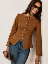 Brown Suede Blazer  Fitted Metal Button Jacket - Product showcase