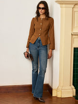 Brown Suede Blazer  Fitted Metal Button Jacket - Detailed view