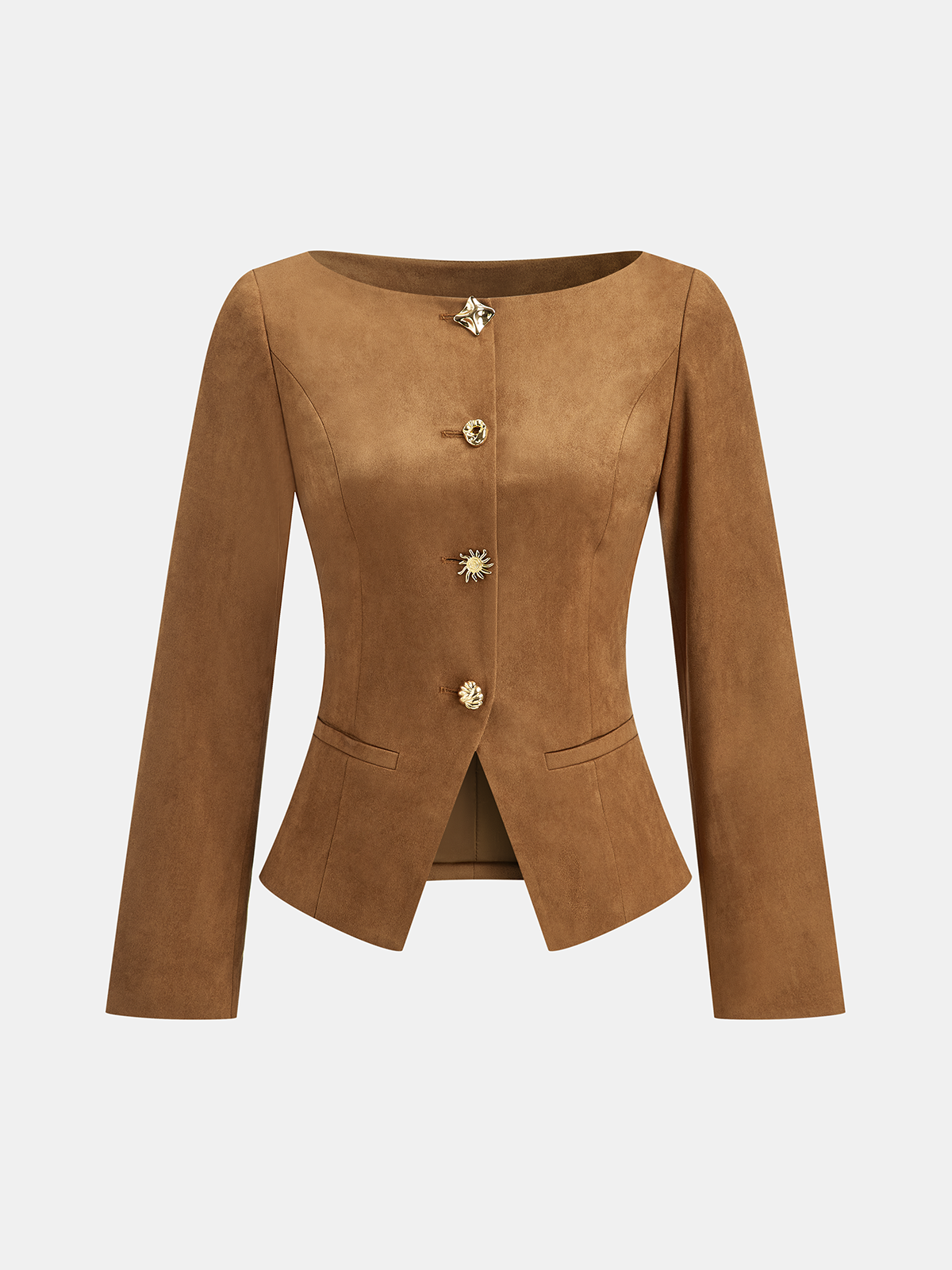Brown Suede Blazer  Fitted Metal Button Jacket - Product detail 7
