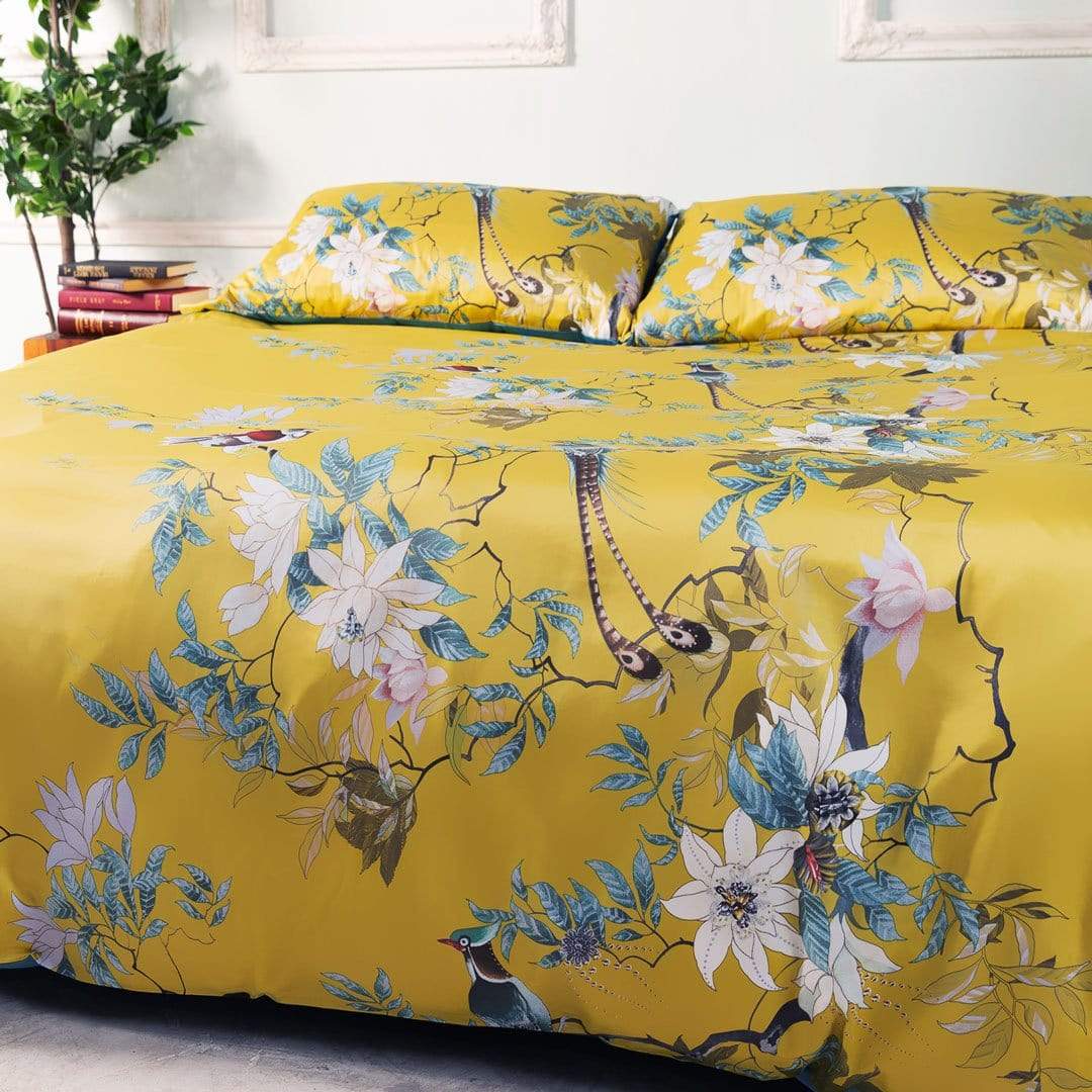 Luxury Egyptian Cotton Bedding  Bird Floral Pattern Yellow Duvet Set - Detailed view