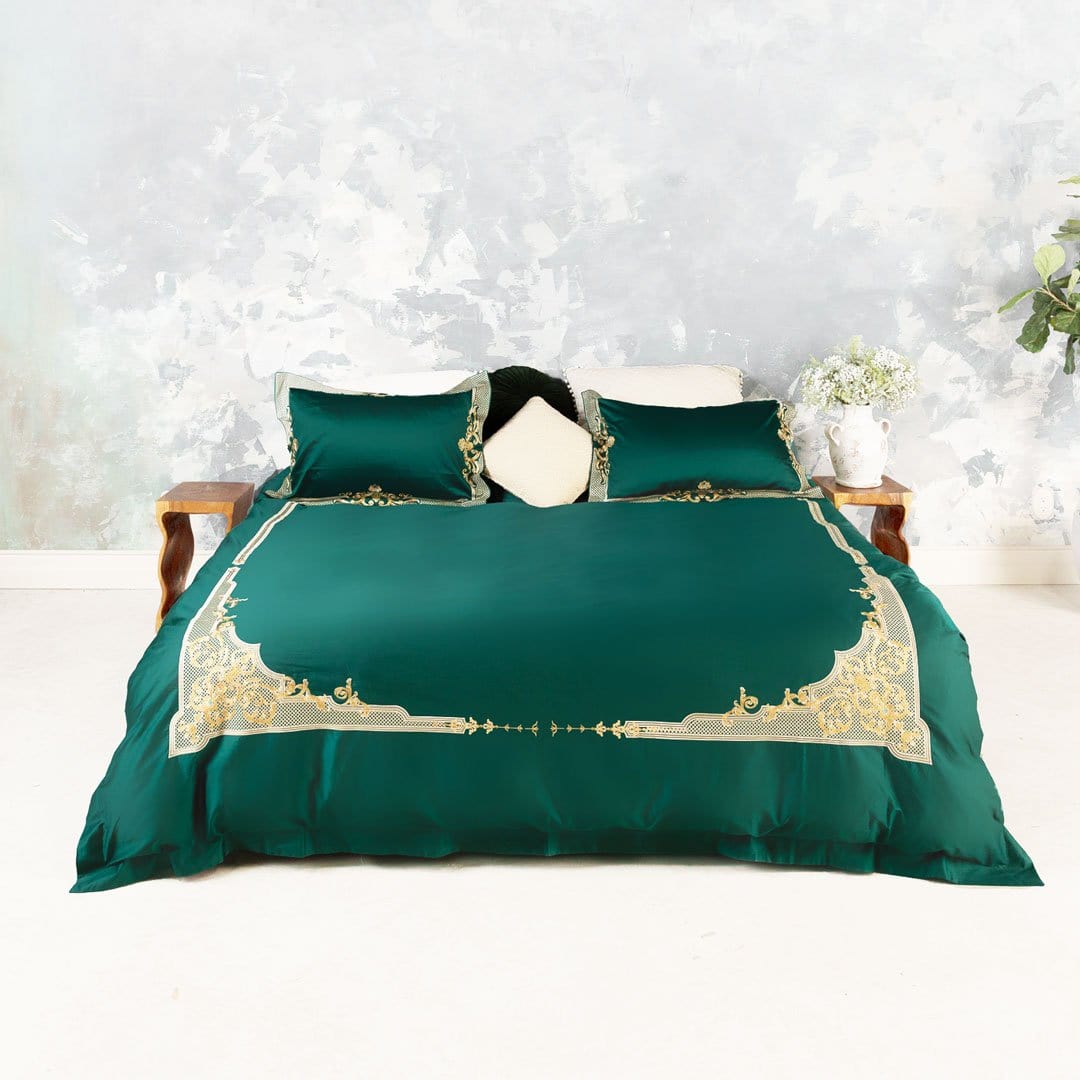 Luxury Egyptian Cotton Bedding  Green Embroidered Duvet Set - Product showcase