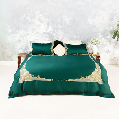 Luxury Egyptian Cotton Bedding  Green Embroidered Duvet Set - Product showcase