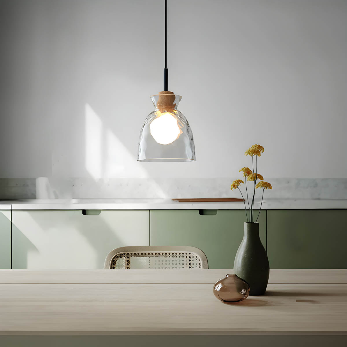 Modern Glass Pendant Light  Clear Dome Shades with Wood Accent - Product detail 5